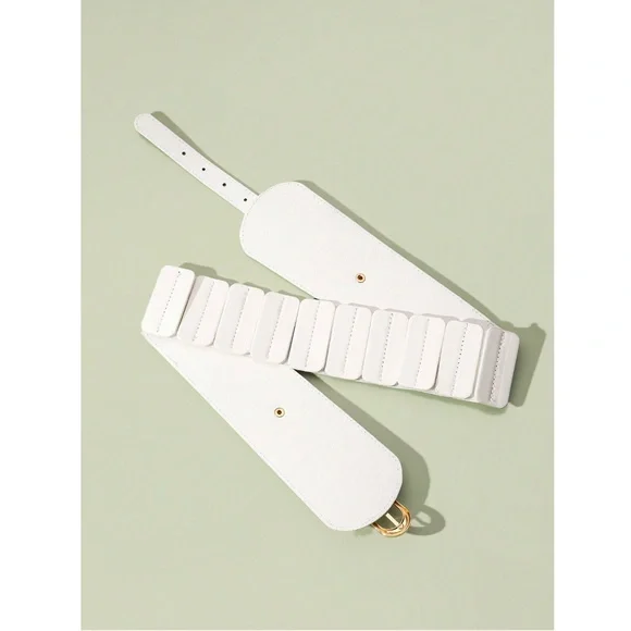 PU Wide White Belt Gold Tone Buckle - Picture 4 of 5